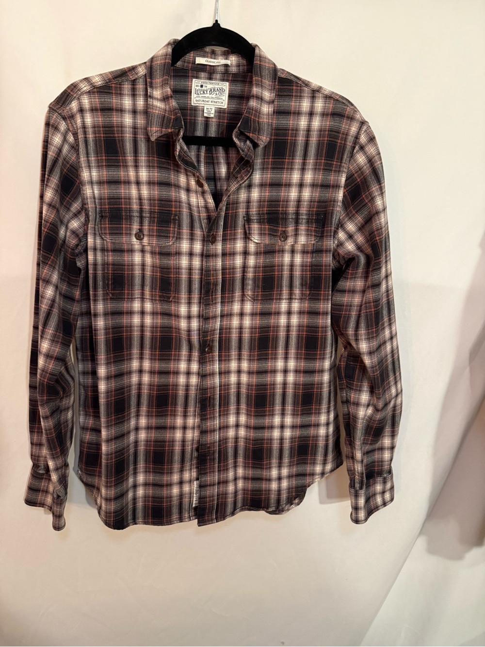 Lucky Brand Men's Black, Gray & Brown Plaid Button-Down Shirt Sz L